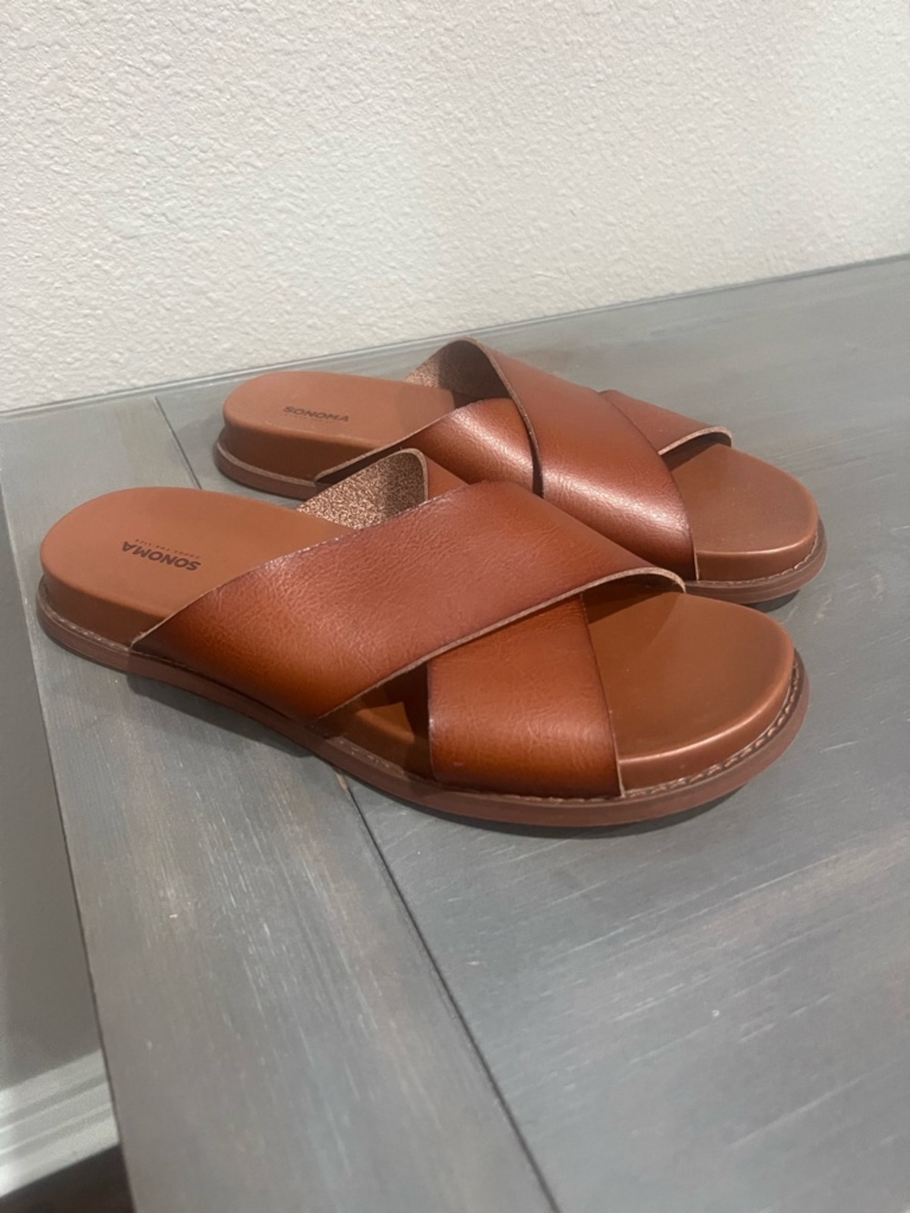 Sonoma Cognac Leather-Look Crisscross Slide Sandals